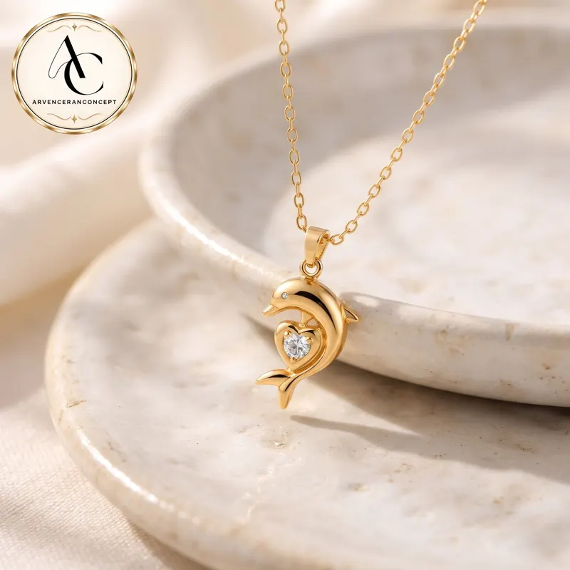 gold renk zirkon taşlı yunus model çelik kolye