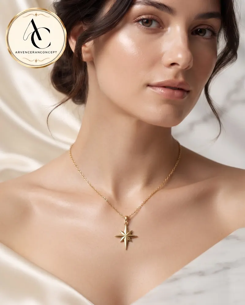 gold renk kuzey yıldızı model kolye