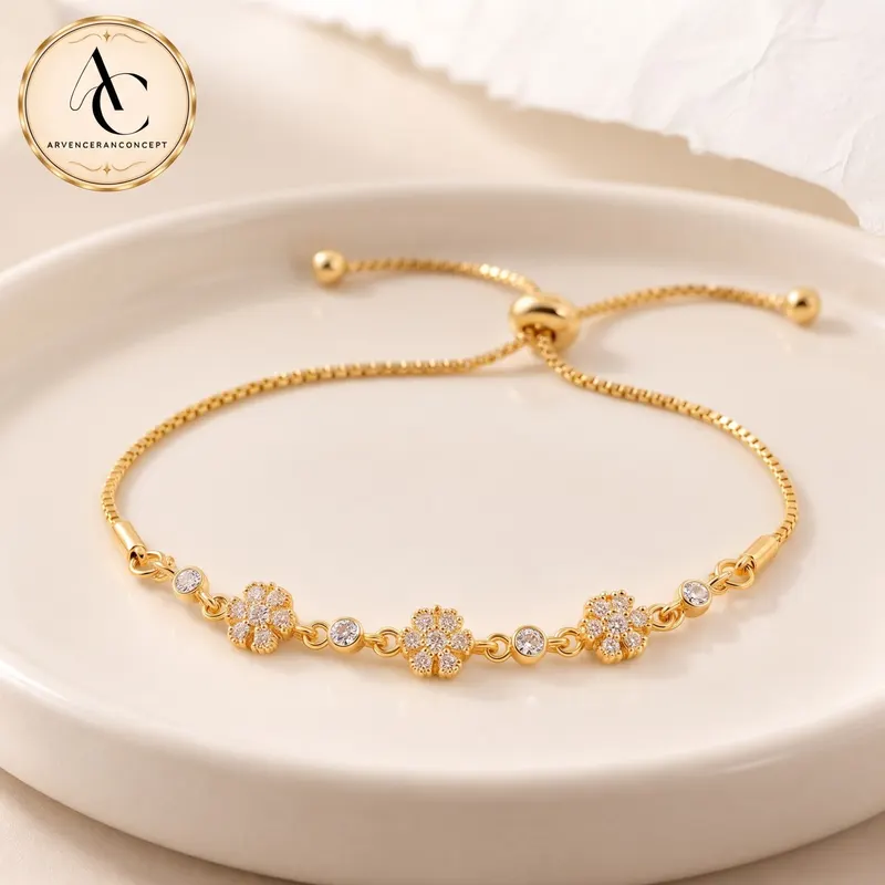 gold renk zirkon taşlı çiçek model ayarlanabilir çelik bileklik