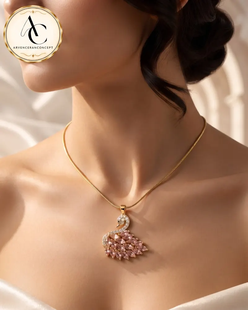 gold renk pembe zirkon taşlı çelik kolye