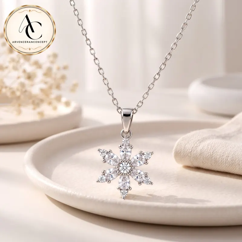 gümüş renk saydam taşlı lotus kamelya model çelik kolye