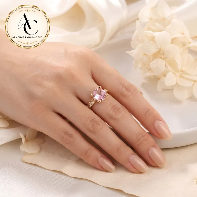 gold renk oval pembe taşlı yüzük