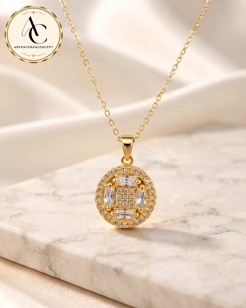 gold renk zirkon taşlı oval model çelik kolye