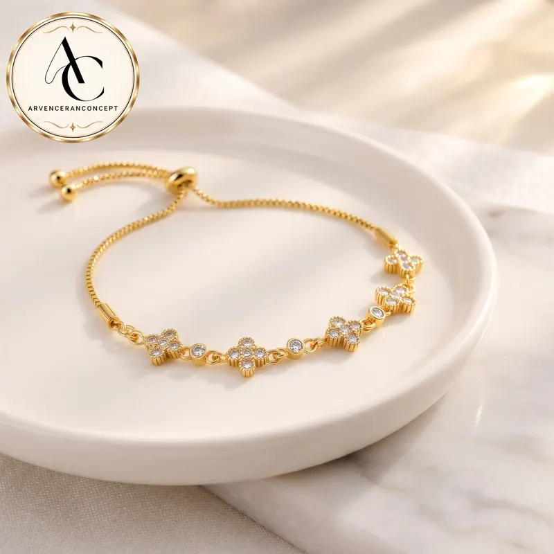 gold renk saydam taş yonca model ayarlanabilir çelik bileklik