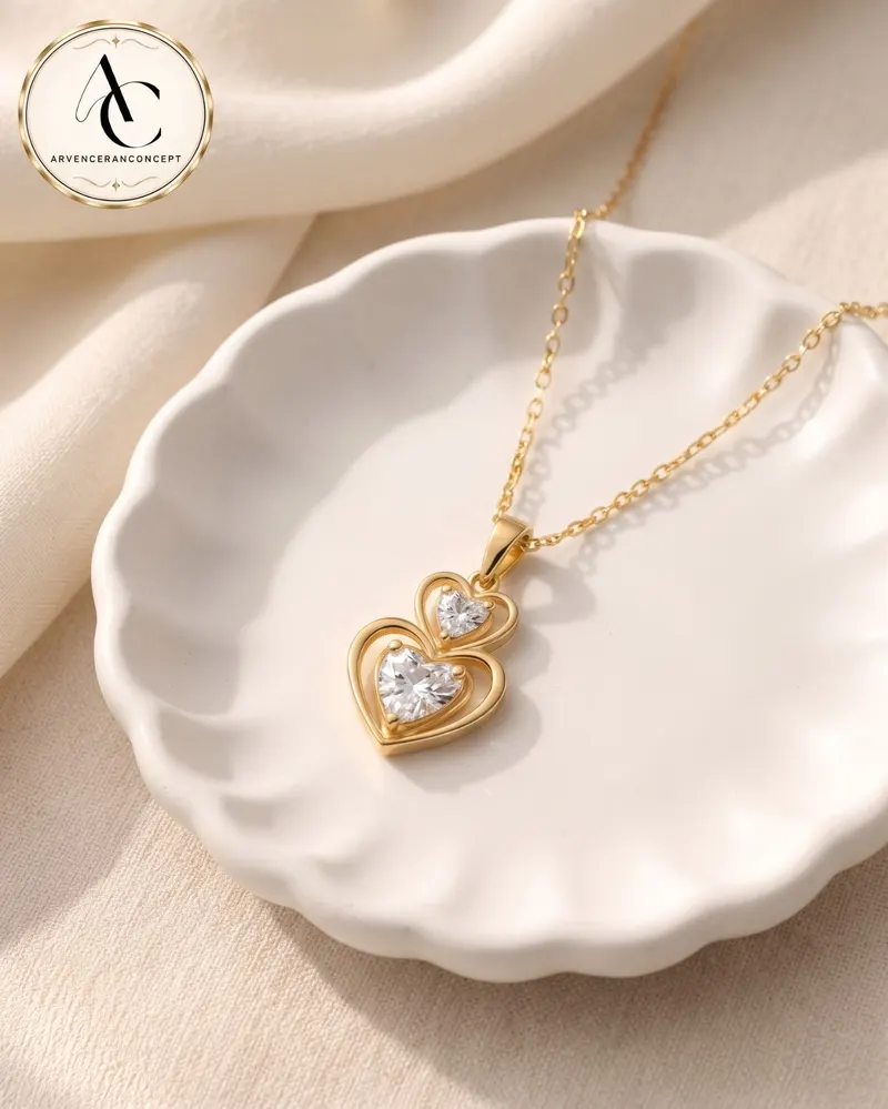 gold renk ikili büyük küçük kalp model çelik kolye