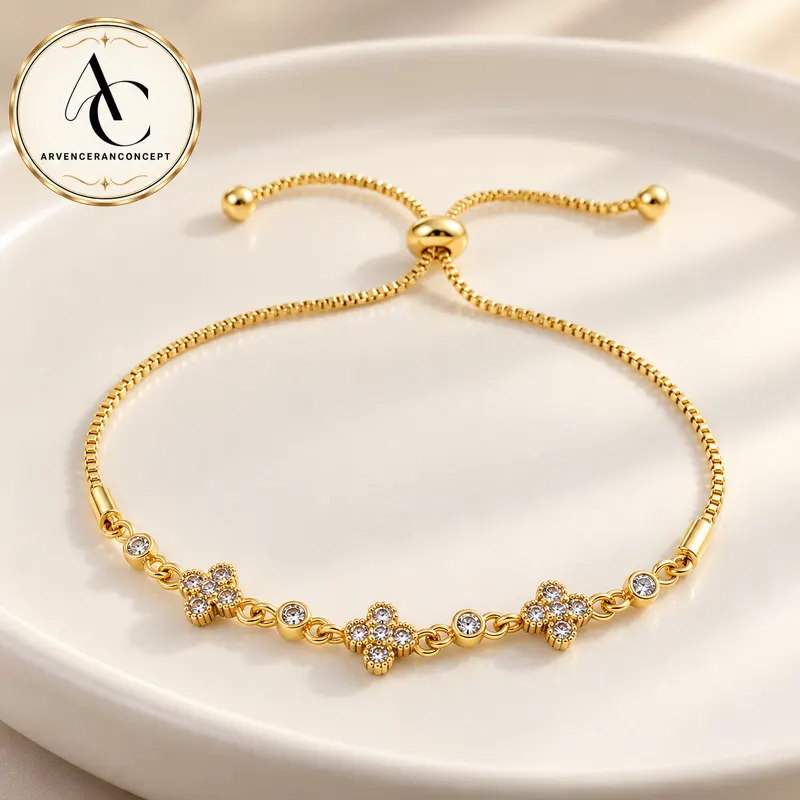 gold renk saydam taş yonca model ayarlanabilir çelik bileklik