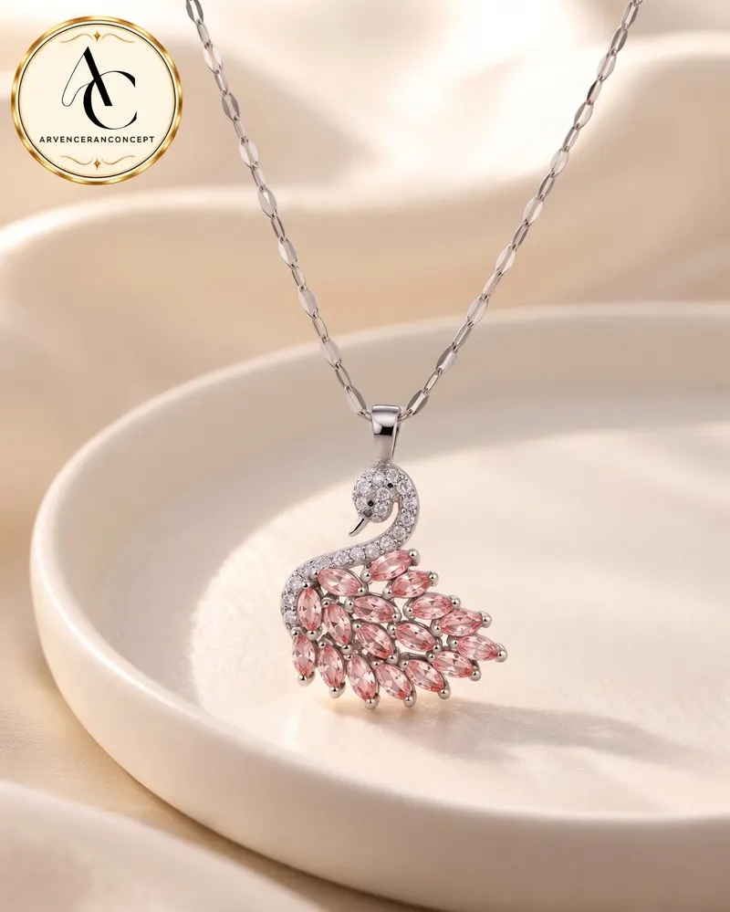 gümüş renk pembe taşlı kuğu model çelik kolye