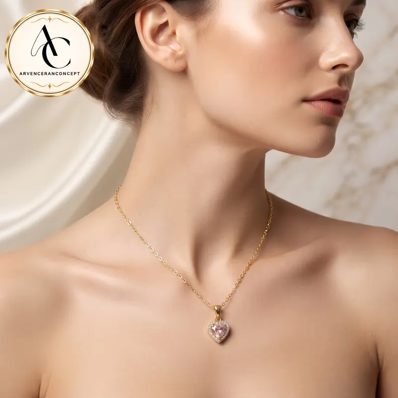 gold renk pembe taş kalp model kolye