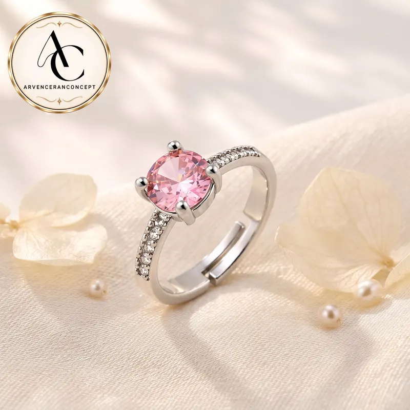 gümüş renk oval pembe taşlı çelik yüzük