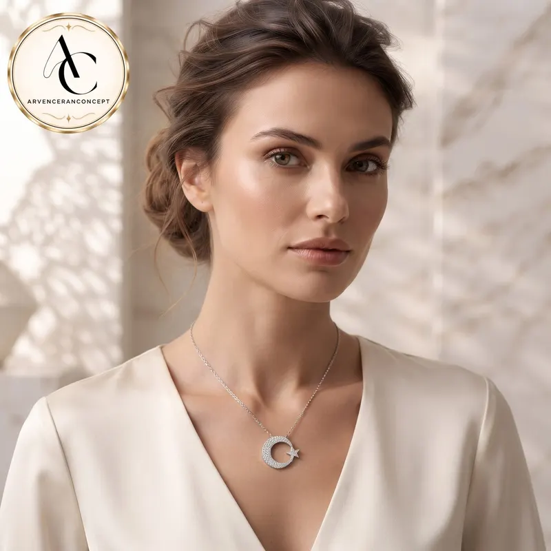 gümüş renk ay yıldız model çelik kolye