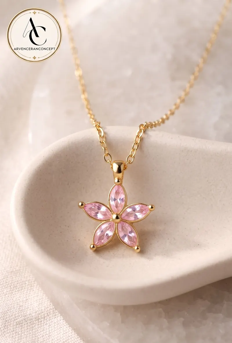 gold renk açık pembe çiçek figürlü kolye