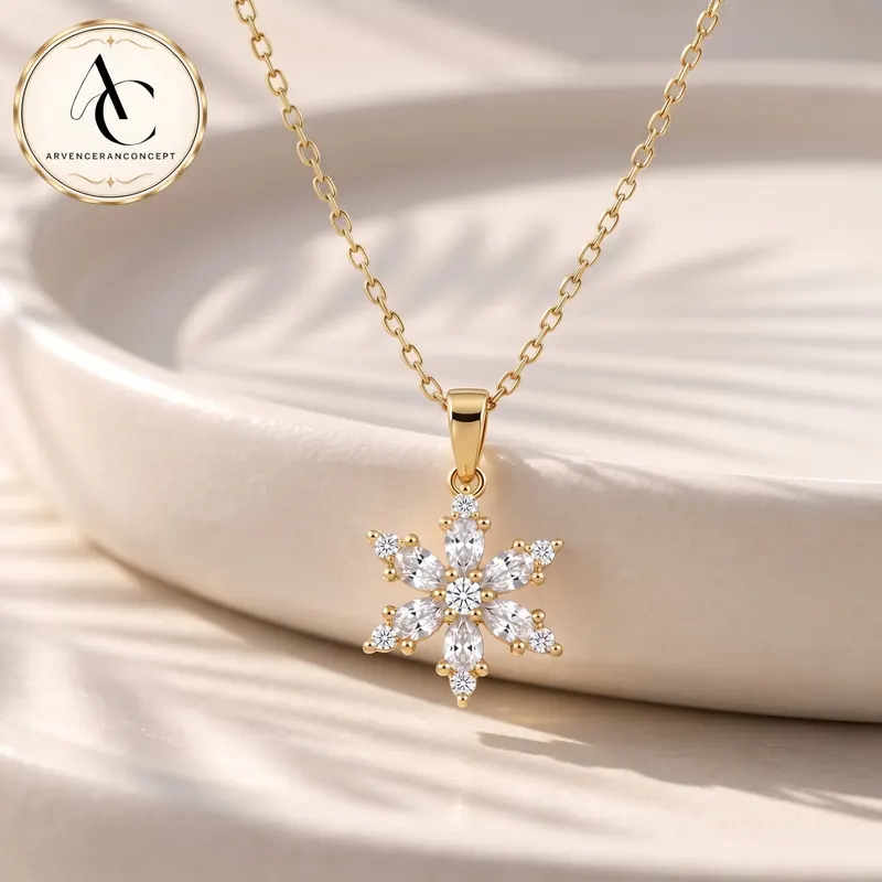 gold renk saydam taşlı lotus kamelya model çelik kolye