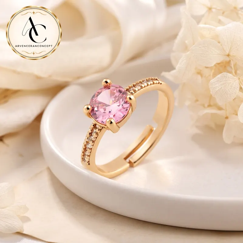 gold renk oval pembe taşlı yüzük