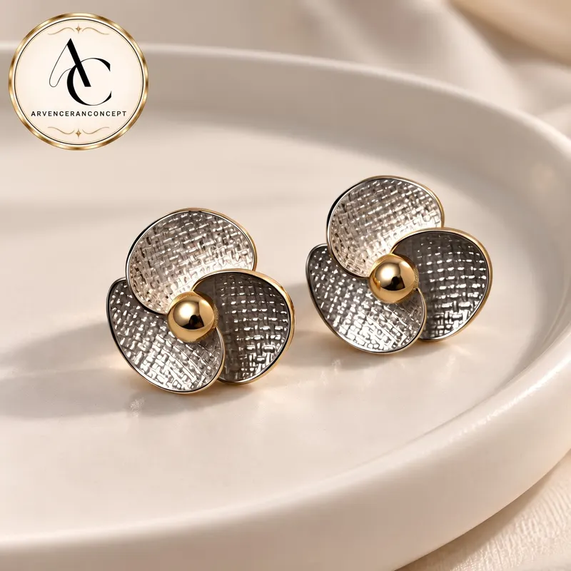 gümüş renk gold top detaylı çiçek küpe