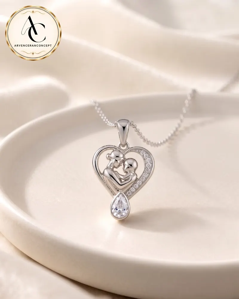 gümüş renk zirkon taşlı anne çocuk model çelik kolye